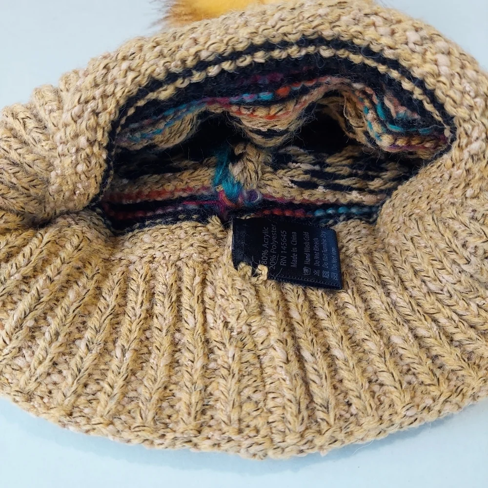 L.I.B New York Hat Beanie Mustard Yellow Womens Cable Knit Warm Faux Fur Pom New